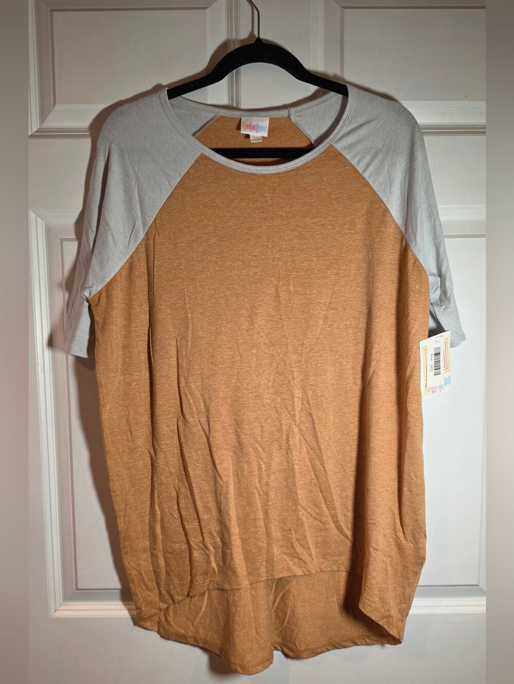 NWT Lularoe Irma Two-Tone Raglan Short Sleeve Shirt - Orange & Light Gray XXS